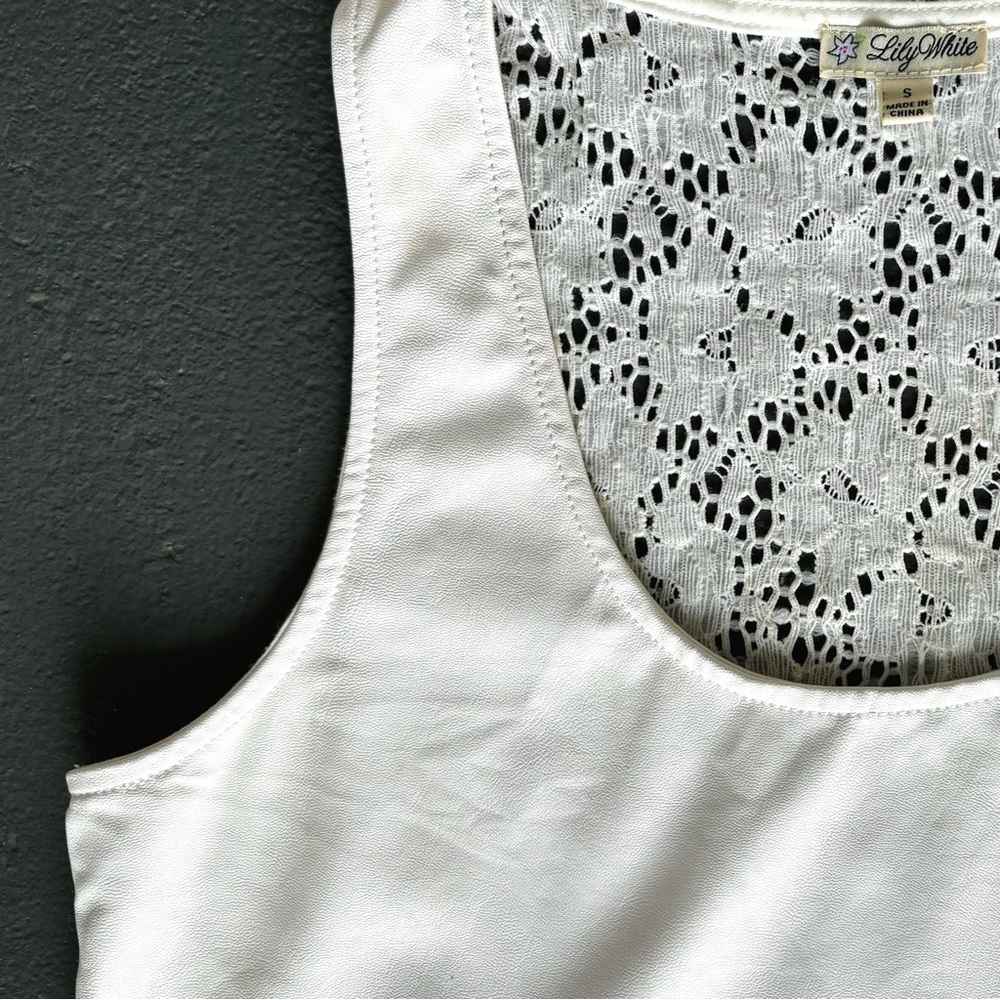 LILY WHITE Sleek Faux Leather Sleeveless Shell Sheer Crochet Lace Back Tank